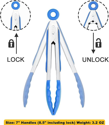 Small Tongs with Silicone Tips 7-Inch Serving Tongs, Set of 3 (Blue)