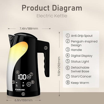 1.25L Cute Penguin Electric Kettle with Temperature Control,2H Keep Warm, Double Wall Cool-Touch,1200W Quiet Boil,BPA-Free,Cordless - Electric Tea Kettle for Home,Office, Kids (Black)