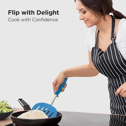 Kitchen Mama WaltzGrip Platinum Silicone Pancake Spatula Turner: Heat Resistant Flexible, Stainless Steel Core, Nonstick, Dishwasher Safe, Flipper – Ideal Kitchen Cookware for Eggs, Fish, Meat (Blue)