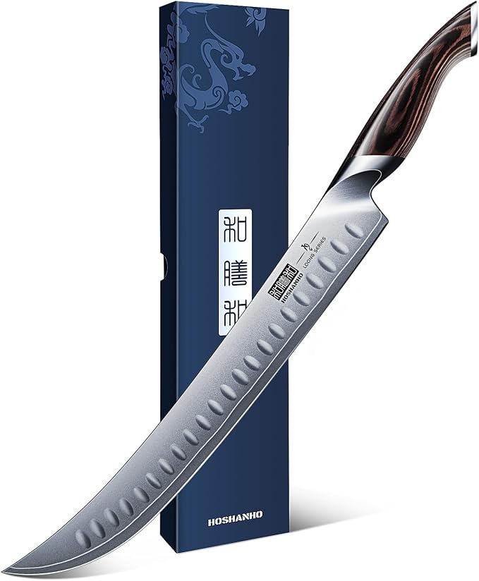 HOSHANHO Carving Slicing Knife, 12 Inch Japanese High Carbon Steel Brisket Knife with Ergonomic Pakkawood Handle, Razor Sharp Curved Butcher Breaking Knives for Meat Cutting
