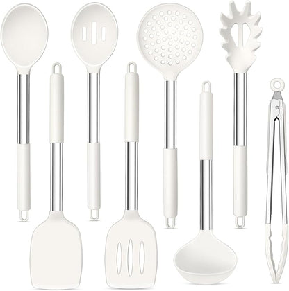 TeamFar Kitchen Utensils, 8PCS Cooking Silicone Utensils Kitchen Tool Kit with Stainless Steel Handle, for Nonstick Cookware Cooking Stirring Turning, Food Grade & Heat Resistant, Dishwasher Safe