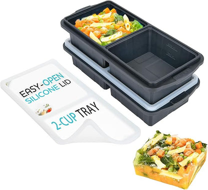 Silicone Freezer Tray With Lid-Soup Freezer Container molds-2-cup Extra Large Ice Cube Tray-makes 4 perfect 500ml portions cubes, For freezing soup,stews,sauces.Oven&Dishwasher-Safe(2-Pack)