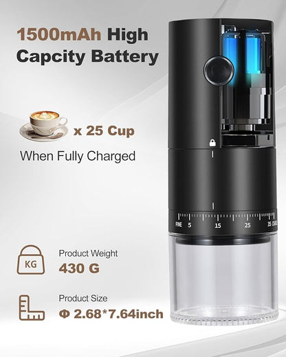 Lamido Portable Electric Coffee Grinder with Ceramic Conical Burr - 38 Adjustable Grind Settings -1500 mAh Battery Rechargeable - Auto-Stop - Washable for Espresso, Pour Over - Travel, Camping (Black)