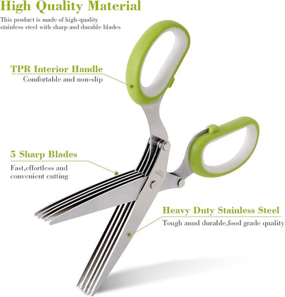 Styleonme Scissors Herb, Sharp Heavy Scissors for Cutting, Chopping and Cooking Fresh Garden Herbs, 5 Stainless Steel Blades and Covers, Vanilla Cutter Chopper Kitchen Gadgets
