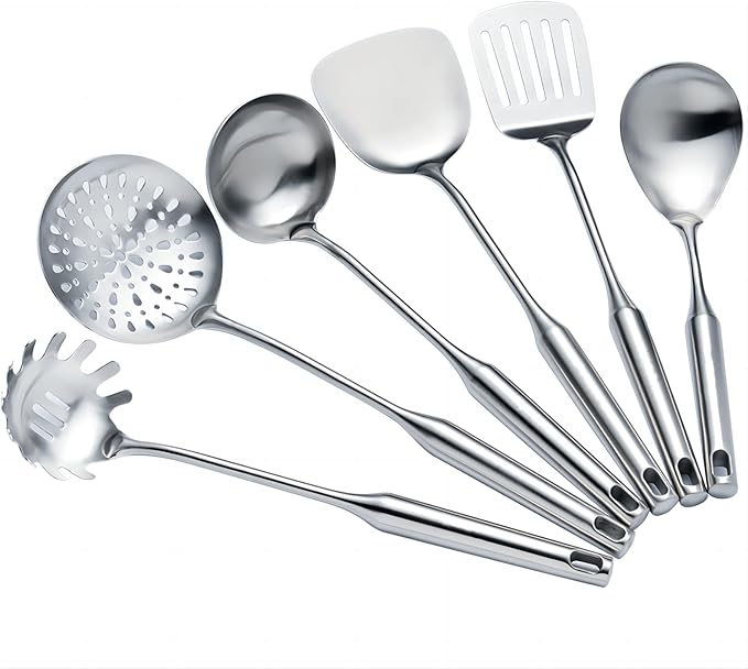 Cooking Utensils Set Stainless Steel Kitchen Metal Serving Utensils Set of 6 Pcs-Wok Spatula Ladle Set, Slotted Skimmer, Pasta Server, Serving Spoon, Slotted Spatula Tunner,Dishwasher Safe
