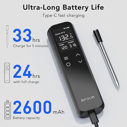BFOUR WiFi Wireless Meat Thermometer with Standalone Base, 6 Precision Sensor, Waterproof and Heat Resistant, Intuitive Smart App, Bluetooth Meat Thermometer for Cooking, BBQ, Oven, Grill, Smoker