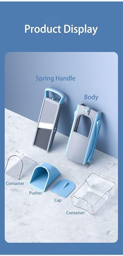 New Upgrade Safe Mandoline Slicer Plus, Biger Size, Adjustable Vegetable Food Chopper Potato Fries Cutter, Detachable Blade, Kitchen Chopping Artifact with Container. Blue