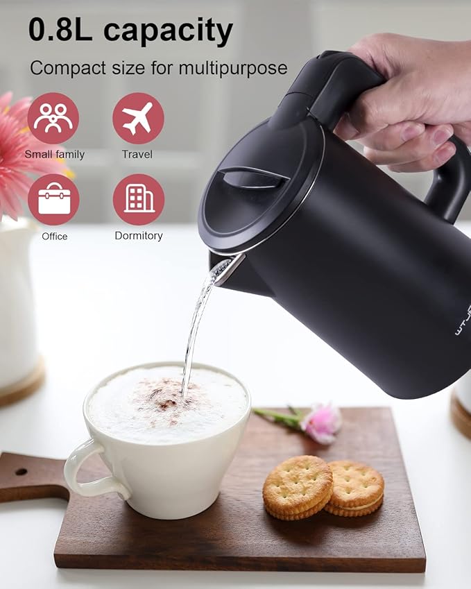 0.8L Electric Kettle Stainless Steel, 800 Watts Small Electric Kettle 27 Ounce Fast Boil Auto Shut-off, Portable Water Boiler for Small Kitchen, Business Trip and More