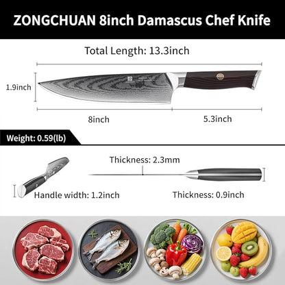 Chef Knife,8inch Damascus knife,67-Layer High Carbon Stainless Steel Kitchen Knife,Professiona Sharp Cutting Knives with Ergonomic G10 Red Black Handle,Gift Box for Home and Kitchen Birthday Gift