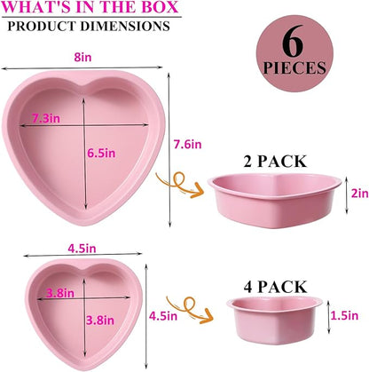 7 & 4 Inch Heart Shaped Cake Pans Set of 6, Pink Carbon Steel Baking Pans Set, Nonstick Heart Cake Mold for Baking, Small Cake Pans, Bakeware Sets for Valentine's Day Wedding
