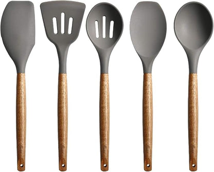 Kitchen Utensils Set, Silicone Cooking Utensils Set,Non-Stick Silicone Spatula Set with Natural Acacia Hard Wood Handle, 5 Piece, Upgraded Thickened Cookware
