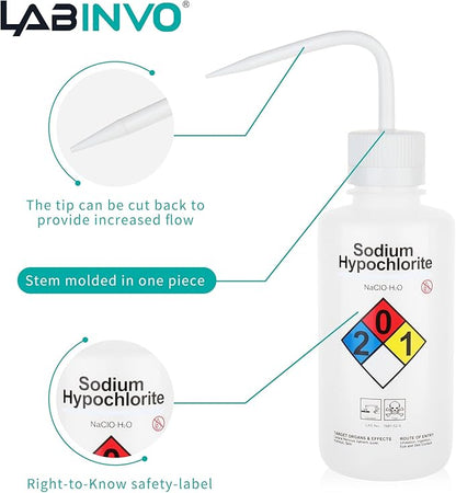 4pcs of Sodium Hypochloride Wash Bottles, Vol.500ml (17oz), Narrow Mouth, Self-Venting Safety Wash Bottles, LDPE Material, IN-WBS500