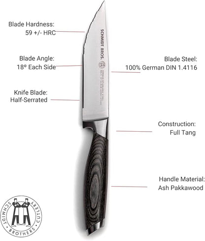 Schmidt Brothers -Bonded Ash 4-Piece Jumbo Steak Knife Set, High-Carbon German Stainless Steel Cutlery in a Wood Gift Box