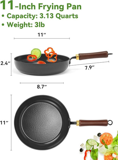 Carbon Steel Skillet, 11-Inch Nonstick Frying Pan, Stay-Cool Wooden Handle, Non Toxic, PTFE & PFOA Free Oven-Safe, Season-Free Enameled Carbon Steel Pan