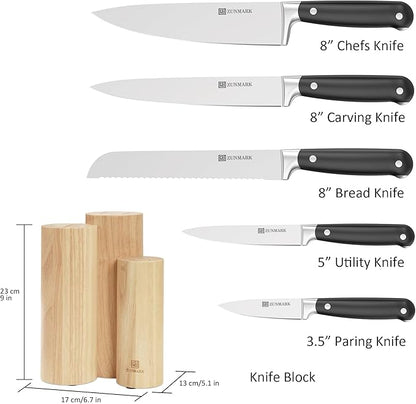 Kitchen Knife Set, Skylark Series 6-Piece High Carbon X50CrMoV15 Steel Professional Chef Knife Set with Solid Wood Block, Unique Design Knife Block Set, Dishwasher Safe, Elegant Black