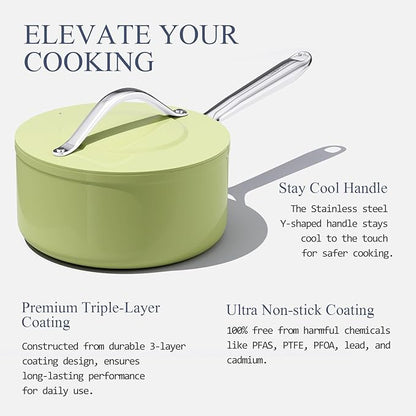3.5QT Nonstick Ceramic Sauce Pan with Lid 8 inch Ceramic Cookare Even Heat Distribution Non Toxic PFAS-Free Healthy Soup Pot for All Stovetops, Oven & Dishwasher Safe 500°F, Olive Green