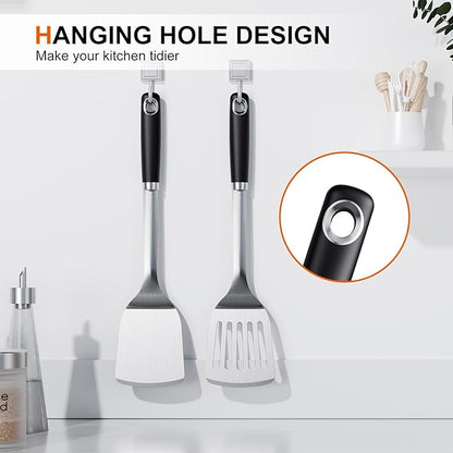Stainless Steel Spatula Set, 2 Piece Heavy Duty Turner/Metal Spatula, High Heat Resistant Kitchen Cooking Utensils, Ideal Cookware for Frying Steak, Fish, Eggs or Pancakes