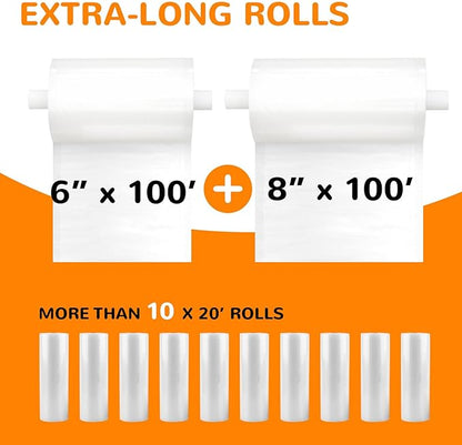 Wevac 6''x100' & 8''x100' 2 Rolls, Vacuum Seal Roll Keeper with Cutter, Ideal Vacuum Sealer Bags for Food Saver, BPA Free, Commercial Grade, Great for Storage, Meal prep and Sous Vide