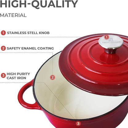 Trustmade 3 QT Cast Iron Dutch Oven, Enamel Coated Cookware Pot with Self Basting Lid for Home Baking, Braiser, Cooking, Red