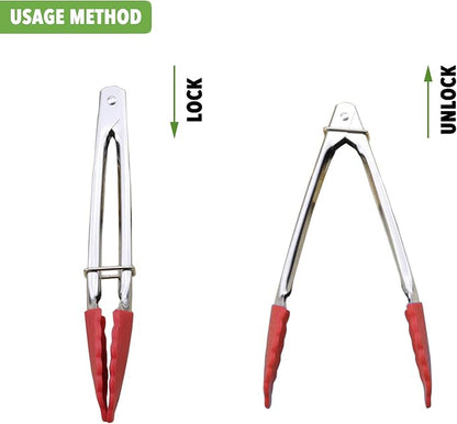 Small Tongs with Silicone Tips 7 Inch Kitchen Tongs, Set of 3 (Red)