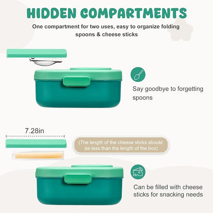 Bento Lunch Box with 12oz Soup Thermo,4 Compartments Lunch Box Containers, Spoon&Sauce Jar, BPA Free&Leak proof,Insulated Food Jar for Travel (Green)