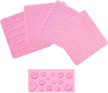 Fondant Impression Mats Molds, Knitting with Button Silicone Chocolate Molds (5 Packs), Sweater Design Knit Impress Texture Stamp Mat for Baby Shower, Birthday Cake Decorating Cupcakes Topper