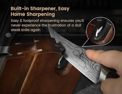 Steak Knives Set of 8 with Block Built-in Sharpener, 4.8 Inch Non Serrated Razor-Sharp Durable Dinner Knives, German Stainless Steel Damascus Pattern Full Tang Forged, Easy to Maintain