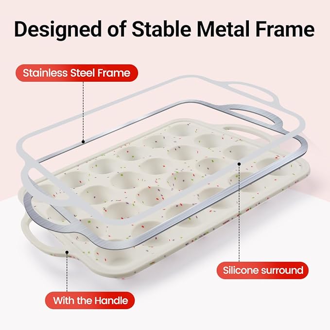 Silicone Muffin Pans for Baking, Metal Reinforced Frame Regular 12 Cups & Mini 24 Cups Cupcake Pan Set Nonstick Muffin Pan for Homemade Baking Easy to Handle