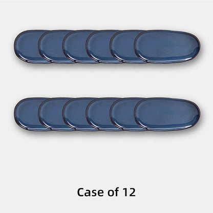 Organic Shape Restaurant Serving Tray 13” X 7", Commerical Grade Catering Stoneware Tray in Ir-regular Organic Shape, Chip & Scratch Resistant, Glossy Reactive Glaze Blue, Case of 12