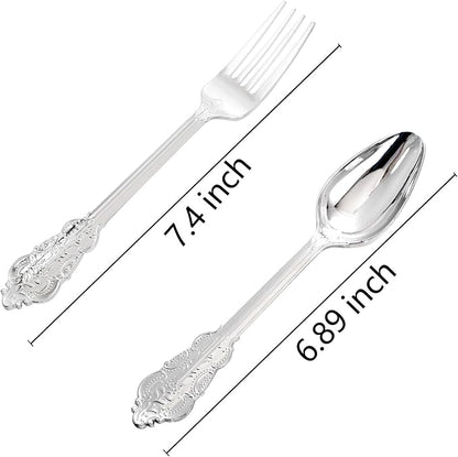 BUCLA 200PCS Silver Plastic Forks and Spoons - Plastic Silverware Baroque - Disposable Silverware Heavy Duty - 100PCS Silver Forks and 100PCS Spoons for Weddings, Christmas and Party