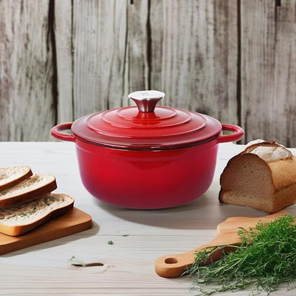 Trustmade 4.5 QT Cast Iron Dutch Oven, Enamel Coated Cookware Pot with Self Basting Lid for Home Baking, Braiser, Cooking, Red