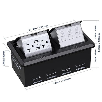 KYHSHJ Dual Pop-Up Floor Electrical Outlet Box Kit，20 Amp Stainless Steel USB TR Receptacle Outlet，3-Port RJ45 Datacom Receptacle，Waterproof Gasket with IP44 Waterproof Rating, ETL Listed, Black