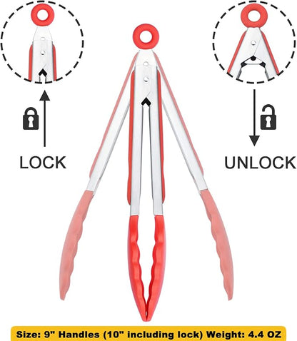 9" Silicone Kitchen Tongs with Silicon tips, Set of 3 (Red Blue Green)