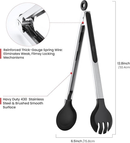 12 Inch Kitchen Tongs for Cooking, 600ºF Heat Resistant Cooking Tongs with Silicone Tip & Measure Spoon, 2-in-1 Silicone Tong for Tossing Salad, Serving Food, Non-Stick & Dishwasher Safe (Black)