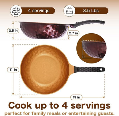 Diamond X Premium Non Stick Wok Pan - 11" Large Flat Bottom Chinese Wok - Woks & Stir-fry Pans Nonstick - Titanium-Coated 8-Layered Korean Engineered Skillet for Frying, Oil-Free, PFOA-Free