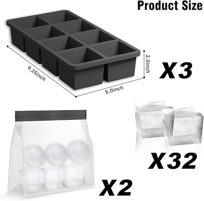 Samuelworld Large Silicone Ice Cube Tray Molds, 3-Pack, Big 2 Inch Cubes - Food Grade, Flexible, 8 Cavity Easy Release Slow Melting Ice for Whiskey, Cocktails, Gifts & Christmas - Black（Ice Bag）