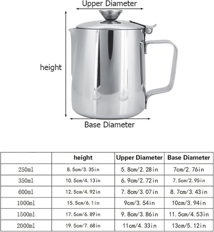Milk Frothing Pitcher, Stainless Steel Coffee Cup Mug Milk Frothing Pitcher Jug with Lid and Handle Cappuccino Latte Coffee Art for Home Office Kitchen Coffee Shop, Silver(600ml)