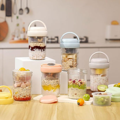 2 Pack Overnight Oats Containers with Lids and Handles, Folding Spoons & Divided Compartments for Fruit & Nuts, 16oz Glass Mason Jars for Oatmeal, Meal Prep & Breakfast (Cream/Blue)