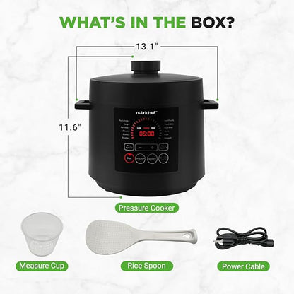 NutriChef Electric Pressure Cooker 6 Quart Capacity | 9 Function Digital Countertop Pressure Cooker | Adjustable Time & Temperature | Cook, Bake, Steam, Broil, & Braise | 13.1 x 11.4 IN | Black