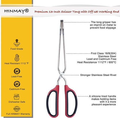 HINAMY Stainless Steel Scissor Tongs with Comfort-Grip Handle 13-Inch, Set of 2