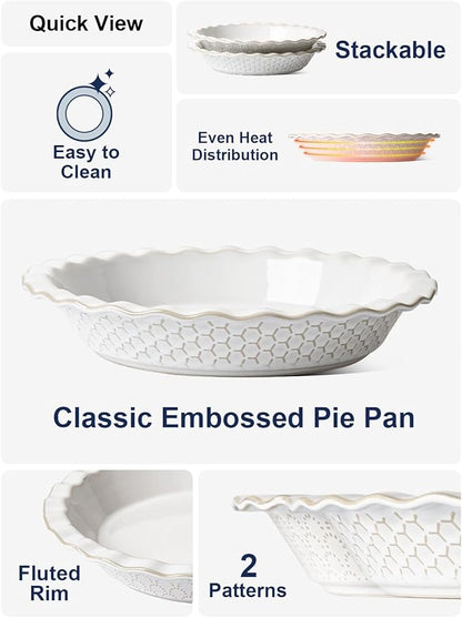 LE TAUCI Pie Pans for Baking 9 Inch, Ceramic Pie Plate for Apple Pie, Round Baking Dish Oven Safe, Embossment Housewarming Wedding Present - 36 OZ, Set of 2, Fireworks + Honey Comb, Arctic White