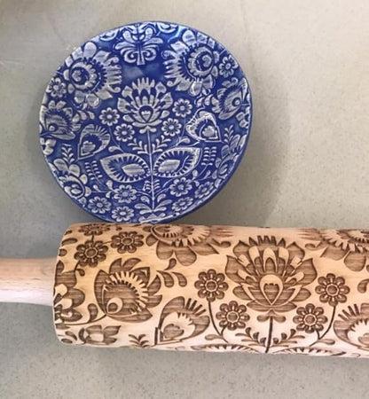 Rolling pin FOLK. Wooden embossing rolling pin with Oriental flowers. Embossed cookies. Pottery. Birthday gift. Gift for mother