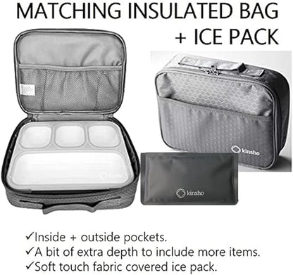 Bento-Box with Lunch Bag and Ice Pack Set. Containers for Kids Adults Boys Girls Snacks and Lunches. 4 Compartments, Divided Portion Container Boxes with Insulated Bags for School, Grey