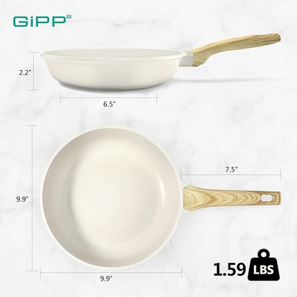 GiPP Nonstick Frying Pan Skillet - 9.5" White Granite Non Stick Fry Pans, Omelette Pan Healthy Stone Cookware Compatible with All Stovetops, PFOA Free