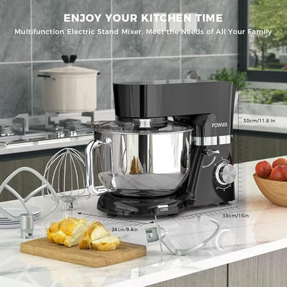 Stand Mixer, POWWA 6.5 Quart Electric Mixer, 6+1 Speed 660W Tilt-Head Kitchen Food Mixers with Whisk, Dough Hook, Mixing Beater & Splash Guard for Baking, Cake, Cookie, Kneading, ETL Certified (Black)