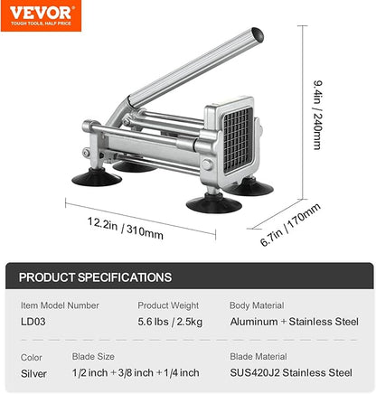 VEVOR French Fry Cutter, Potato Slicer with 1/2", "3/8", "1/4 Stainless Steel Blades, Manual Potato Cutter Chopper with Suction Cups, Great for Potato, French Fries, Cucumber, Vegetables, Carrot