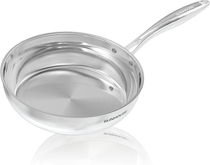 SUNHOUSE – 9.5 Inch / 24 cm Stainless Steel Frying Pan, Tri-Ply Stainless Steel Construction, PFOA-FREE, Stay-Cool Handle, Induction Compatible with All Cooktops, Dishwasher Safe