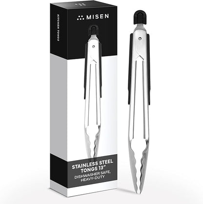 Misen Kitchen Tongs - Dishwasher Safe, Heavy Duty - Precision Stainless Steel Grilling Tool - Heat Resistant - Perfect for Serving and Air Frying - 13 Inch | Black