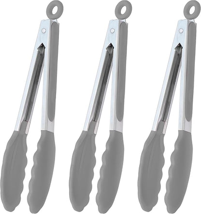 Locking Kitchen Tongs with Silicon Tips 9-Inch Stainless Steel Grilling Tongs, Set of 3 (Gray)