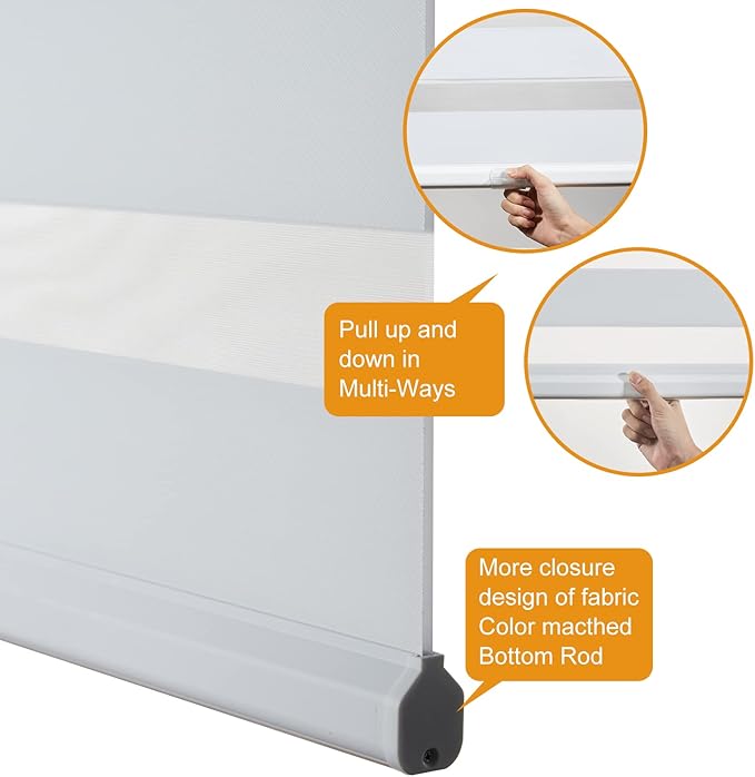 Persilux Cordless Zebra Blinds for Windows Free-Stop Window Shades (34" W X 47" H, White) Dual Layer Light Control for Day and Night, Light Filtering Sheer Shades for Home, Bedroom, Easy to Install